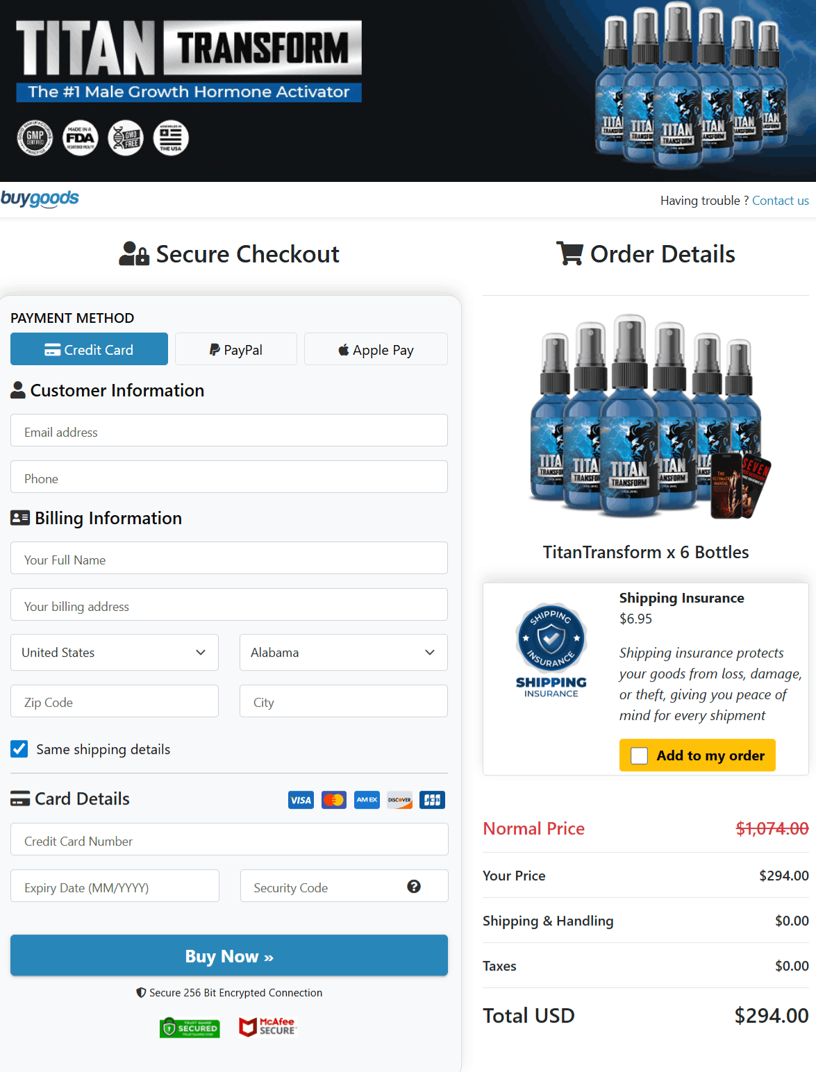 TITAN TRANSFORM Checkout page